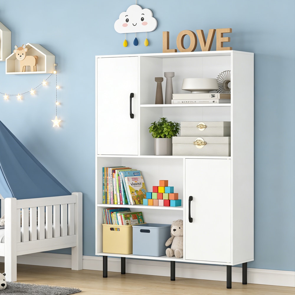 Freestanding Storage Cabinet Bookcase With Two Doors And Shelves_voghion.com